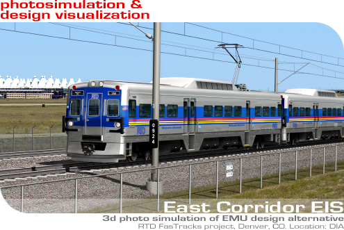 Professional Photo Simulation and Design Visualization Services by POITRA Visual. Photosimulation of Proposed EMU design alternative from the RTD FasTracks Project, East Corridor EIS, Denver CO. Location: DIA (click menu at left to view examples of photo simulation projects).