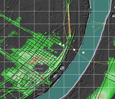 POITRA Visual artists used a Saint Louis street map with the river to create a color map to control placement of grass and trees in the 3D terrain model.