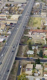 Aerial Birds-Eye Photosimulation of the Proposed I-70 East corridor project near Purina and Swansea Elementary for the ongoing I-70 East EIS Project, CDOT, Denver, Colorado