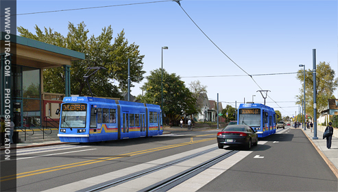 Photo Simulations of proposed Trolley and LRT Alternatives for the East Corridor EIS RTD FasTracks Project (Downing St, Denver CO)