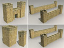 3D Model 8th - 10th Century Spanish Town Walls in the Moorish Style includes long and short walls, with and without crenellated parapets, large and small wall towers, and a town gate, Low Resolution (stone)
